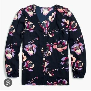 J Crew Factory Long Sleeve V Neck Top with Trim Detailing Floral Blouse